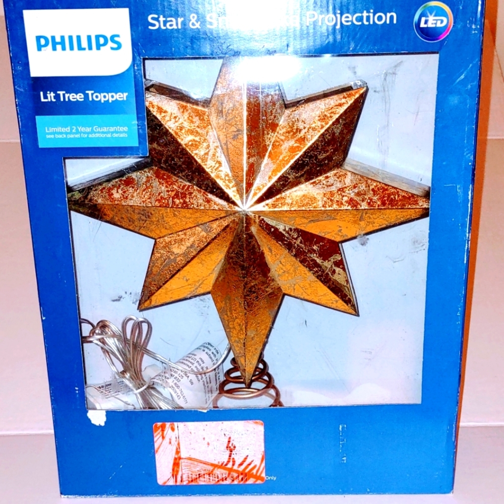New Philips 13" Gold LED Star and Snowflake Projection Christmas Tree Topper